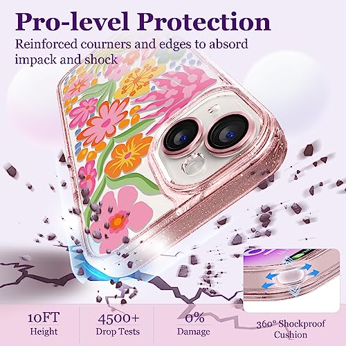 Image of Designed for iPhone 14 Case Pink Glitter Clear - Cute Bling Phone Case with Wrist Strap - Aesthetic Y2K Case for Woman, Girl 6.1 inch (Passion Flower)