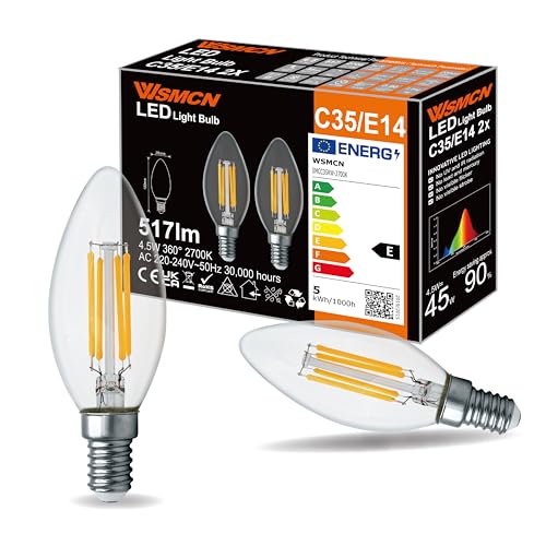 WSMCN Bombillas LED E14,no regulable, 4.5W Equivalente a bombilla C35 de 45W,luz de vela blanco cálido, bombilla de vidrio transparente de filamento, 2700K 517lm, sin parpadeo de 360°, paquete de 2