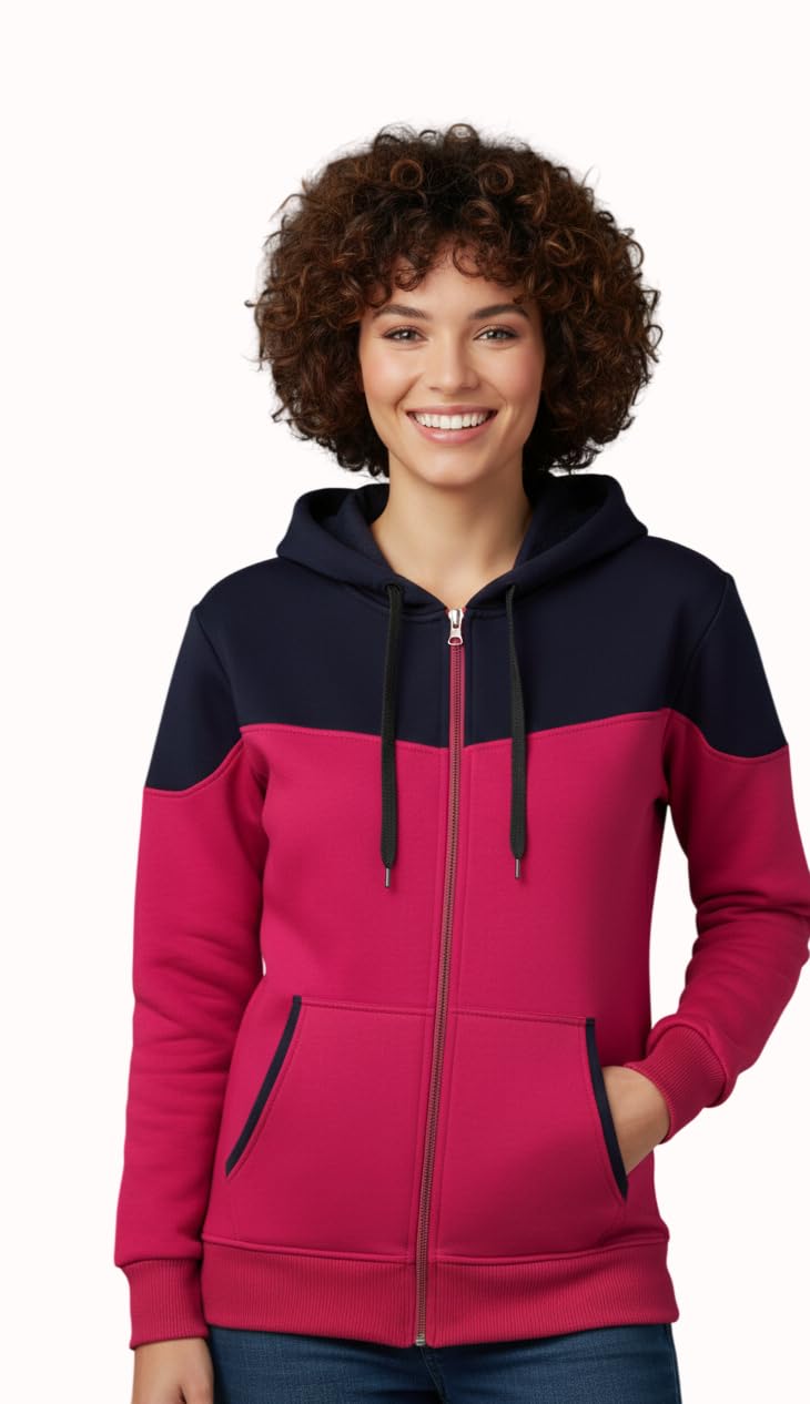 Shaarav Women's Jacket Rani Pink and Navy Blue Colour Block Zip-up Hoodie, Cotton Fleece, Full-Length Zipper, Regular Fit-picture-12