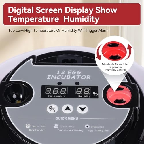 12 Egg Incubators for Hatching Eggs, Chicken Egg Incubator with Automatic Egg Turning and Temperature Humidity Control, 360° Clear View Lid or Home, Farm, Classroom, Hatching Chicken, Duck,Quail,Goose - Image 4