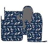 BOKEKANG Cool Sharks Oven Mitts and Pot Holders Set of 4 Silicone Blue Grey Sharks Kitchen Mitten Gloves and Non-Slip Potholders Set Heat Resistant Oven Gloves Hot Holders for Kitchen