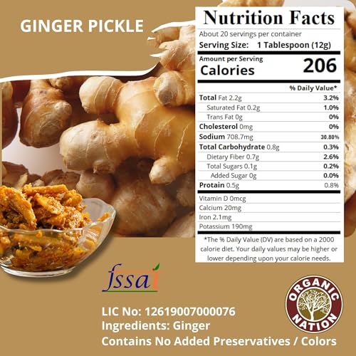 Image of ORGANIC NATION Zesty Adrak Achari Fusion Ginger Pickle - Homestyle Indian Pickle with Authentic Flavor, Perfectly Mixed for a Tangy Delight, 250g, No Preservatives Natural Golden Hue