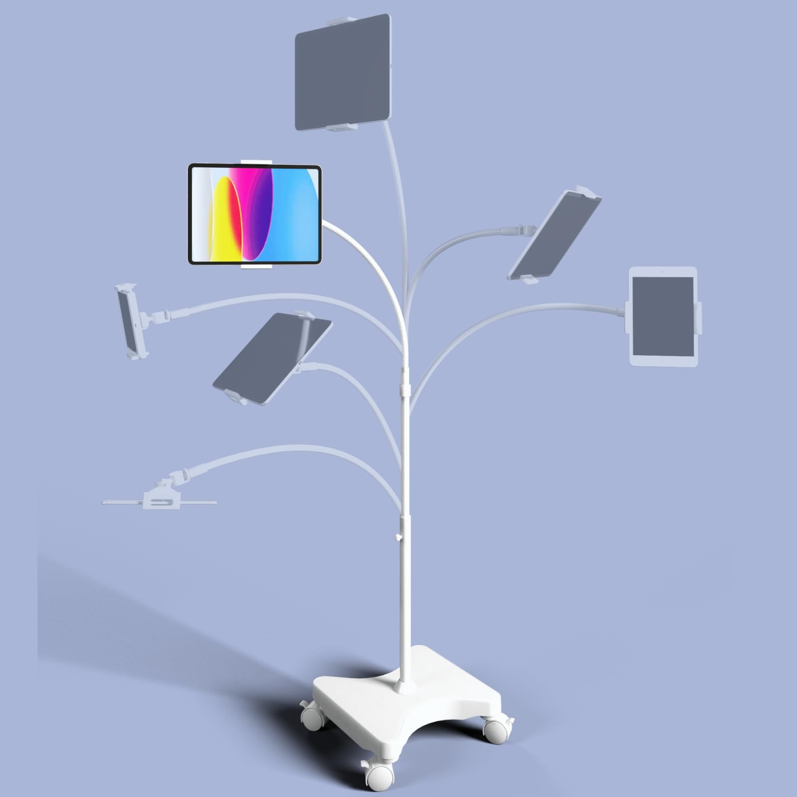 LEVO Gooseneck Tablet Floor Stand with Casters – Rolling Adjustable iPad Mount with Wheels, Height Tilt Rotation, Locking Mobile Base for Bedside,