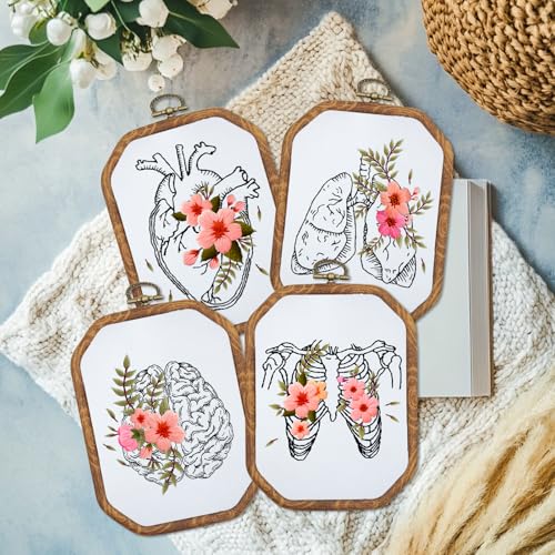Image of ORIGACH 4 Set Embroidery Kit for Beginners Adults, DIY Human Organ with Flowers Embroidery Starter Kit with Stamped Patterns Instructions Embroidery Hoop Needles Threads for Crafting