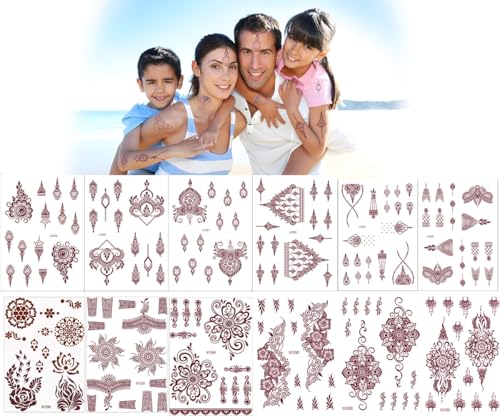 12 Sheets Henna Tattoos Temporary Stickers 6Pcs Adult + 6Pcs Kids Stickers Brown Tattoo Templates Women Body Art Stickers for Wedding Party