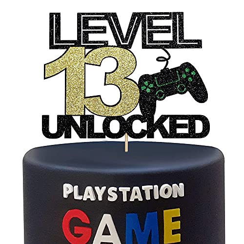 Image of Festiko Level 13 Unlocked Cake Topper Official Teenager 13th Birthday Cake Decoration, Video Game Controller Theme Happy Birthday Party Decoration, Black Gold Glitter Cake Decoration