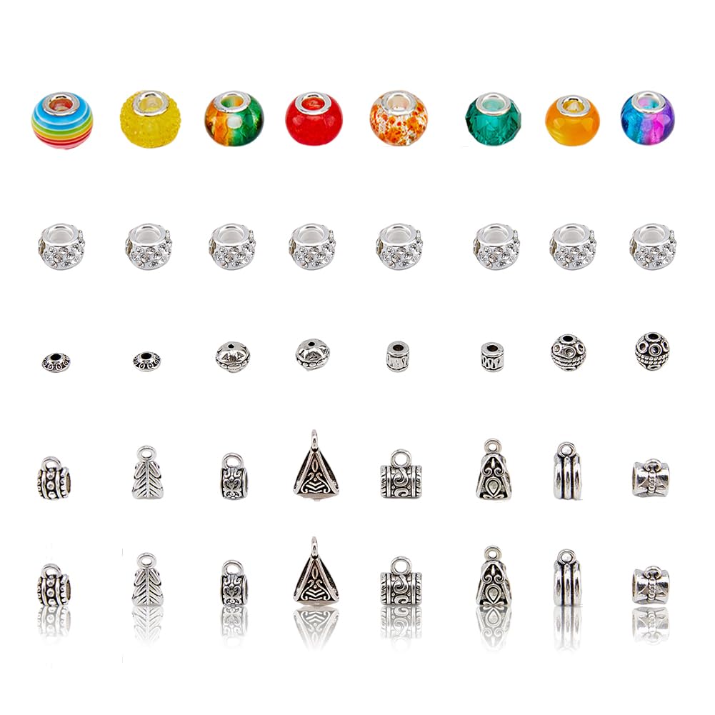 HOBBIESAY 230Pcs European Large Hole Beads Bulk 9 Style Big Hole Beads with 12 Styles Alloy Tibetan Tubes Rondelle Spacer Beads Rhinestones Craft Beads for Jewelry Making Bracelet Necklace Craft