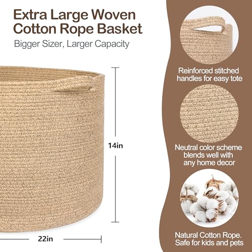 Image of MEGASKET Large Wicker Storage Basket, 22 inch X 22 inch X 14 inch Woven Cotton Rope Basket, Kids Dog Toy Bin Organizer, Blanket Pillow Holder for Living Room, Brown Variegated Wicker Baskets for Organizing