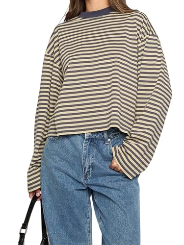 Springcmy Women Y2k Striped Long Sleeve Shirt Drop Shoulder Crewneck Sweatshirt Fall Winter Fairy Grunge Preppy Pullover Tops Streetwear (A-Beige, L)