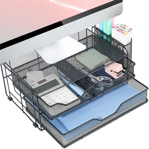 ECOLOVI Computer Monitor Stand with 2 Pen Holders and Drawers, Desk Drawer Organizer Tray for Workspace Office Supplies, Desk Organizers and Accessories, Black