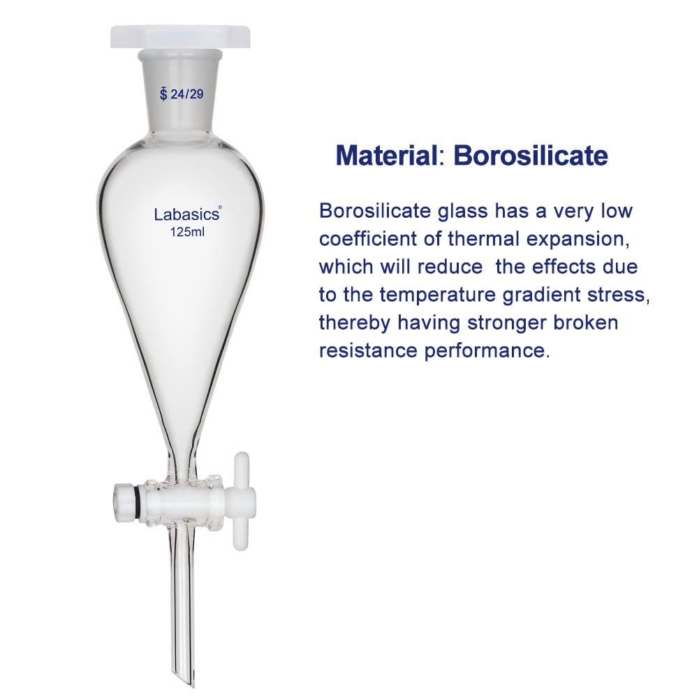 Labasics Borosilikatglas 125 ml Schwerwandiger konischer Scheidetrichter mit 24/29 Gelenken und PTFE Absperrhahn