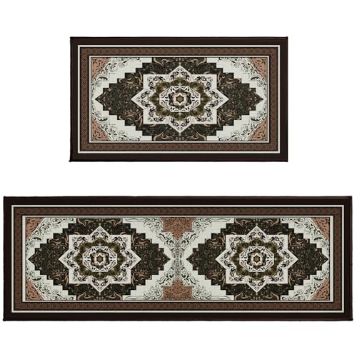 Uynfident Boho Kitchen Rugs Set 2 Piece 17"x47"+17"x30", Brown Vintage