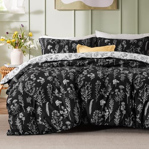 Image of Bedsure Duvet Cover Queen Size - Reversible Black Queen Duvet Cover Set with Zipper Closure, 3 Pieces Floral Patterned Bedding Set with 8 Corner Ties and 2 Pillow Shams