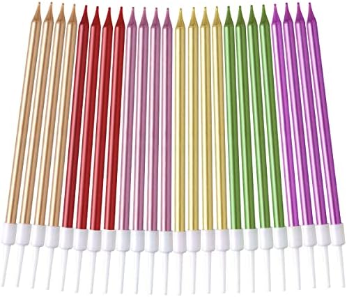 20 Count Party Long Thin Cake Candles Metallic Birthday Candles in Holders for Birthday Cakes Decorations, Rainbow