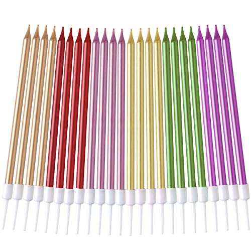 20 Count Party Long Thin Cake Candles Metallic Birthday Candles in Holders for Birthday Cakes Decorations, Rainbow