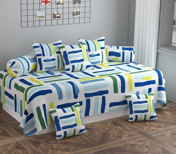 Premium Cotton Feel Diwan for Living Room Furniture 1 Single Bedsheet 2 Bolester Cover 5 Cushion Cover, 8 Pieces, Striped Printed Cotton, Green and White-picture-28