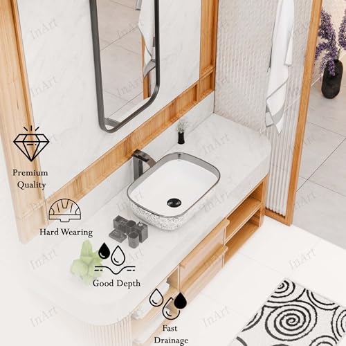 Image of InArt Designer table top wash basin for bathroom /bathroom sink /cabinet wash basin /ceramic basin /counter top basin /vanity washbasin in Rectangle Shape Silver White 45.5 x 32 x 13.5 cm