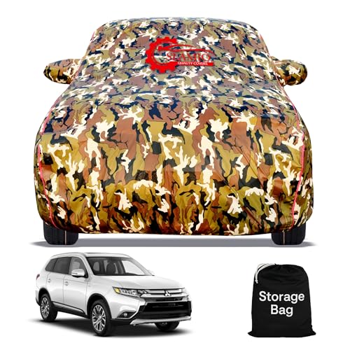 Image of Waterproof Car Body Cover for Mitsubishi Outlander with Mirror Pocket, Soft Cotton Lining, Triple Stitched, Full Bottom Elastic (Heat Resistant Jungle Print with Red Piping)