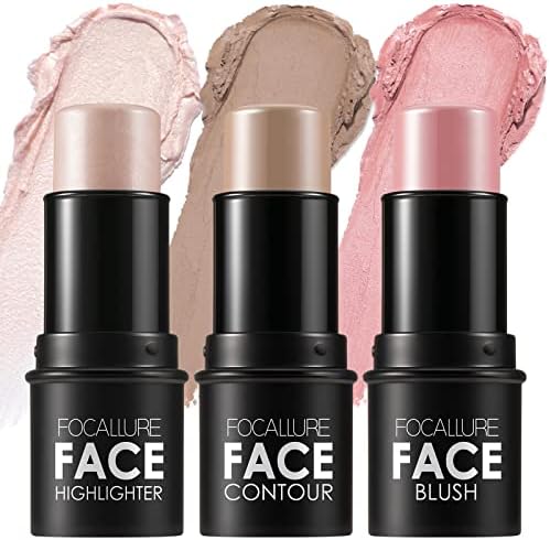 FOCALLURE 3 Pcs Cream Contour Sticks,Shades with Highlighter & Bronzer & Blush,Non-greasy and Water-resistant Face Contouring Pen,Easy to Sculpt the Face and Create a Lightweight Finishing Makeup,FAIR