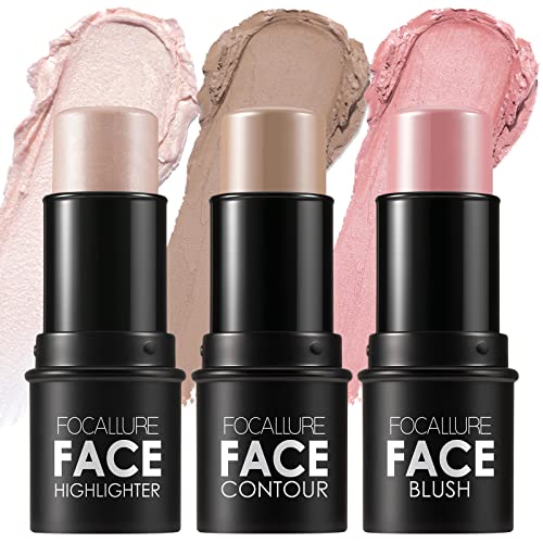 Focallure 3 Pcs Cream Contour Sticks,Shades With Highlighter & Bronzer & Blush,Non-Greasy And Water-Resistant Face Contouring Pen,Easy To Sculpt The Face And Create A Lightweight Finishing Makeup,Fair #TOP18