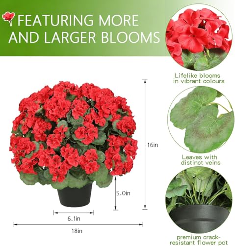 LFF 2Pack Artificial Geraniums for Outdoors Planter, 18" Faux Red Geraniums UV Resistant, Realistic Potted Fake Flowers for Home Decor Porches, Gardens, Patios, Doorways Pot Filler by LFF - Image 2