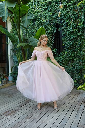Tulle Tea Length Prom Dresses for Women Off The Shoulder Ball Gowns Teens Sweetheart Beaded Puffy Princess Dress4