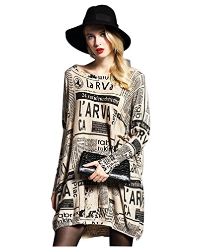 YOUJIA Damen Zeitungs-Gedruck Longshirt Baggy Batwing Langarm Longpullover Apricot One Size Cover