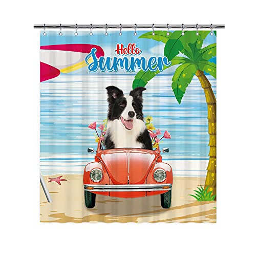 Border Collie Dog Drive a Vintage - Cortinas de ducha de coche para verano, azul, océano, playa, animales, cortinas decorativas para baño, hogar, 72 x 72 pulgadas con ojales y ganchos Cover