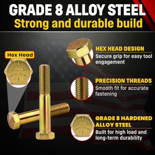Image of Chenango Supply 5 /8-11 x 4 Grade 8 Hex Head Cap Screws | Alloy Steel Hex Bolts, 150,000 PSI Tensile Strength, Yellow Zinc Chromate Finish, USS Coarse Thread Fasteners (10 Pack)