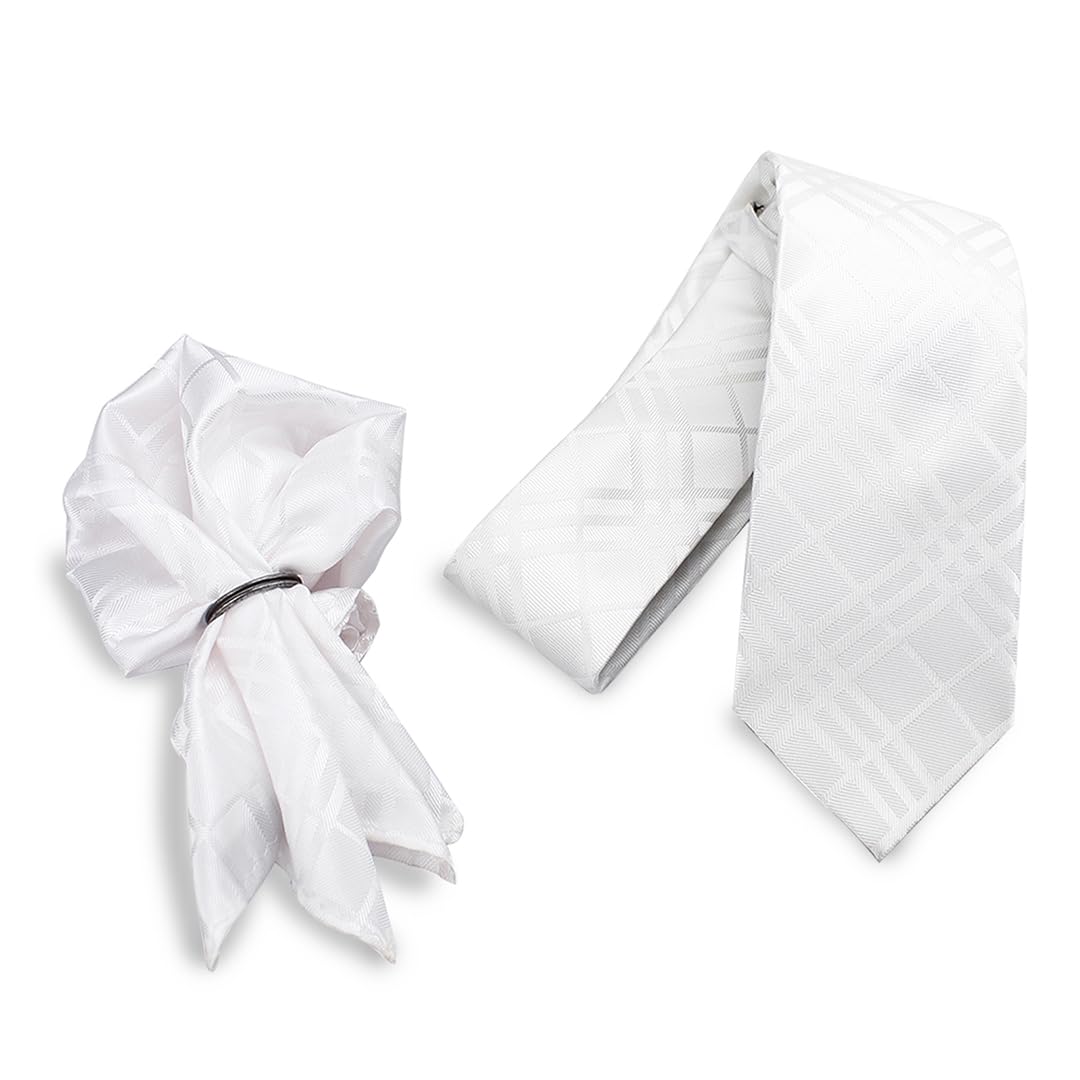 peluche Stunning White White Neck Tie & Pocket Square Set for Men-picture-39