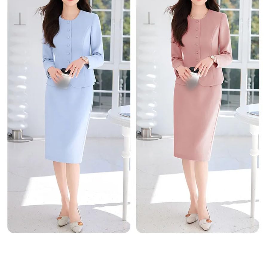 Pohullan Women Fall Work Suit Office Business Solid Single Breasted Jacket Skirt Two-Piece Suits3