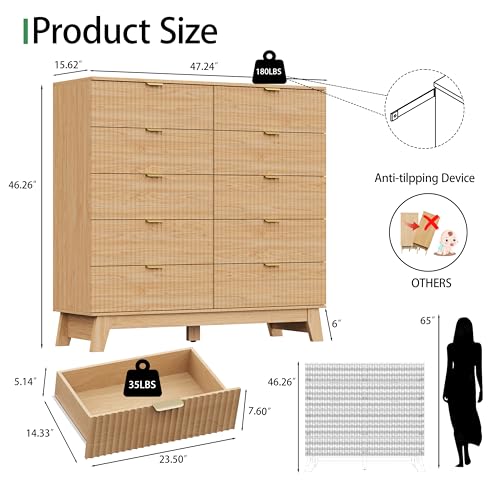 Image of Fluted Dresser for Bedroom with 10 Drawers, 48 inch Wide Modern Chest of Drawers with Metal Handle, Wooden Dresser TV Stand, Wood Closet Clothes Storage Organizer for Living Room, Hallway, Natural Oak