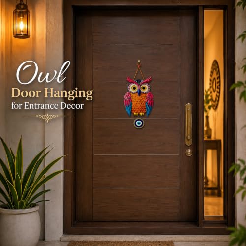Image of GiftOday Owl Wall Hanging for Door & Home Decor | Evil Eye Protection Nazar Battu | Wooden MDF Bird Wall Art | Living Room, Bedroom, Entrance Decoration | 18 x 30 CM