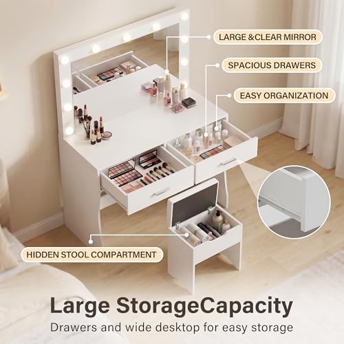 Image of YESHOMY Vanity Desk with Mirror,Makeup Vanity Table with 11 Adjustable Lights and 2 Spacious Drawers,3 Lighting Modes with Control&Soft-Padded Storage Stool,Modern Bedroom Vanity Set, White