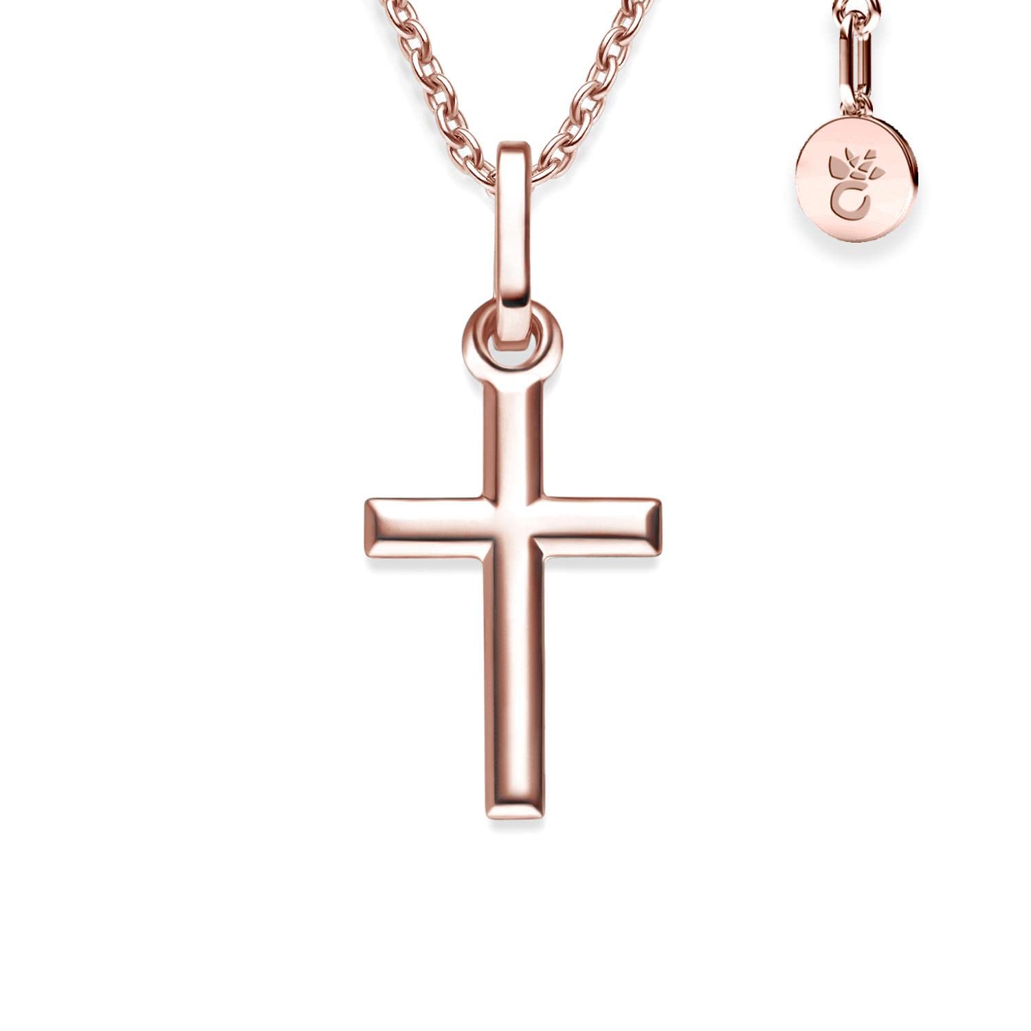 Amoonìc Kreuz Kette Taufkette Mädchen Rosegold (Silber 925 vergoldet) klein | Halskette mit Kreuzanhänger Kreuzkette Baby Junge Kinder, Schmuck Geschenk zur Geburt Taufe Kommunion Taufgeschenk Patenkind