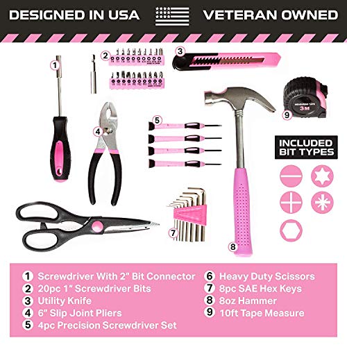 39 Piece Tool Box Kit, Pink - Small Basic Home Tool Set - Great for College Students, Household Use & More