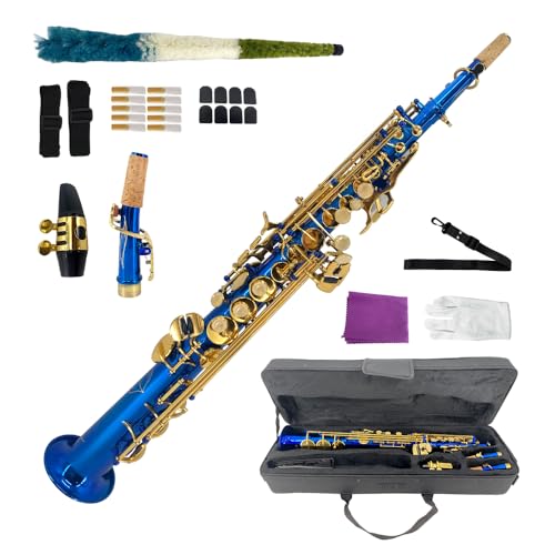 Image of Straight Soprano Saxophone Bb B Flat Sax with Case, Mouthpiece,Reeds & Accessories Brass Woodwind Instrument for Beginners,Adults & Advanced Players Blue