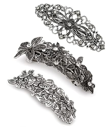 GRY 3PCS Vintage Hair Barrettes with French Clip Clasp and Sparkling Stones Retro Hair Clips for Women and Girls 3.5" Length Elegant Hair Pins Hair Accessoires