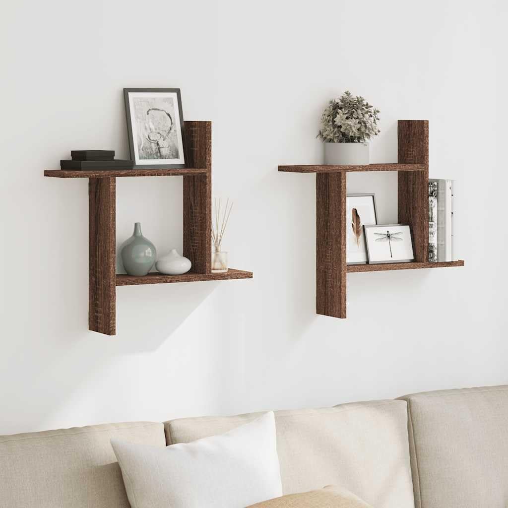 Étagère murale chêne marron 50cm : lot de 2 rangements bois modernes