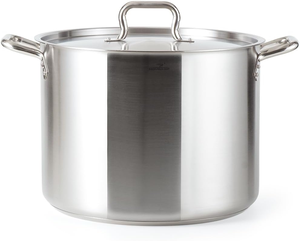 HOMICHEF 39 Quart LARGE Stainless Steel Stock Pot with Lid - NICKEL FREE Stainless Steel Healthy Stockpots with Lids 39 Quart - Matte Polished Induction Stockpot - Commercial Grade Soup Pots