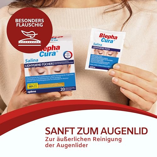 BlephaCura Salina 20x Tücher zur Augenreinigung und Lidhygiene, 100% Viskose, sterile befeuchtete Einmaltücher, Augen-Reinigungspads zur Augenpflege