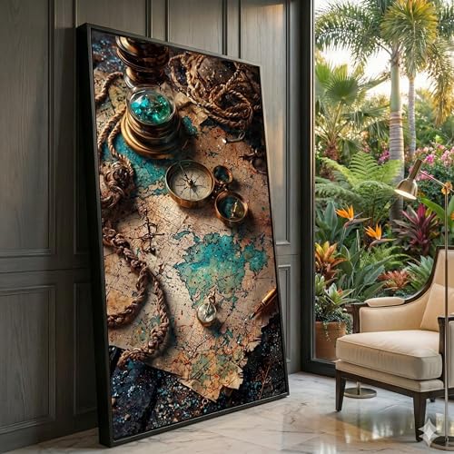 Boussole d'explorateur tableau sur toile vintage navigation maritime grand format rétro