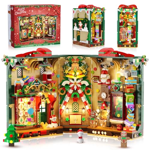 INSOON Christmas Book Nook Building Set with Lights, Christmas Booknook Building Block Kit with...
