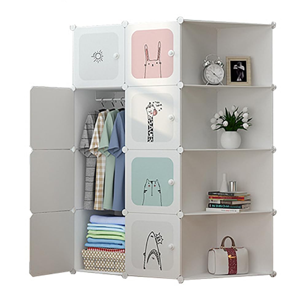 GarveeHome Kinder Kleiderschrank, Modulregal mit 8 Fächern & Kleiderstange, DIY Aufbewahrungsschrank für Kinderzimmer, stapelbar & platzsparend, PP-Kunststoff mit Drahtgestell, 111 x 47 x 147 cm