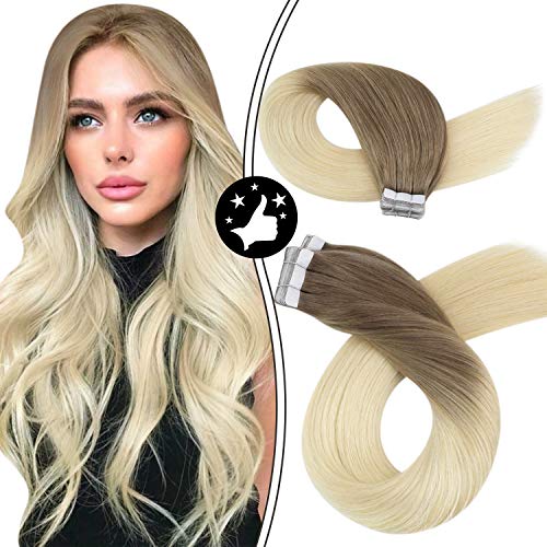 Moresoo 14 Inch Tape in Remy Human Hair Ombre Color Chestnut Brown #6 Fading to Bleach Blonde #613 Human Hair Extensions Glue in Two Tone 20pcs/50g Per Pack