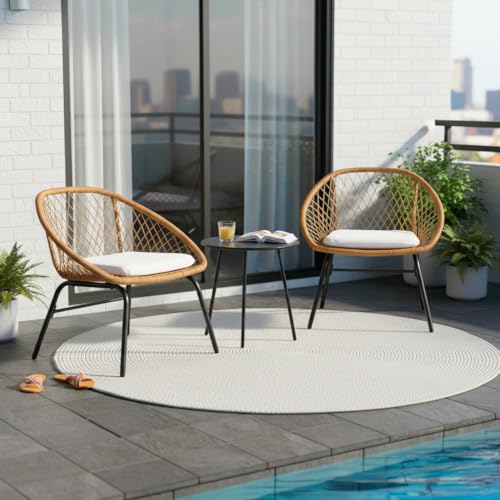 Image of DEVOKO 3-Piece Outdoor Patio Modern Bistro Set - All-Weather Water-Resistant Wicker Furniture with Metal Frame, Perfect for Garden, Poolside, Balcony, Terrace & Lawn (Beige & White)