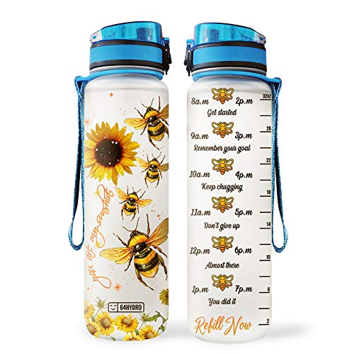 64Hydro 32Oz 1Liter Motivational Water Bottle With Time Marker & Removable Strainer Flip Top Leakproof Durable Bpa Free Non-Toxic For Home Work Gym Fitness Sports - Bee Sunflower Sunshine #TOP2