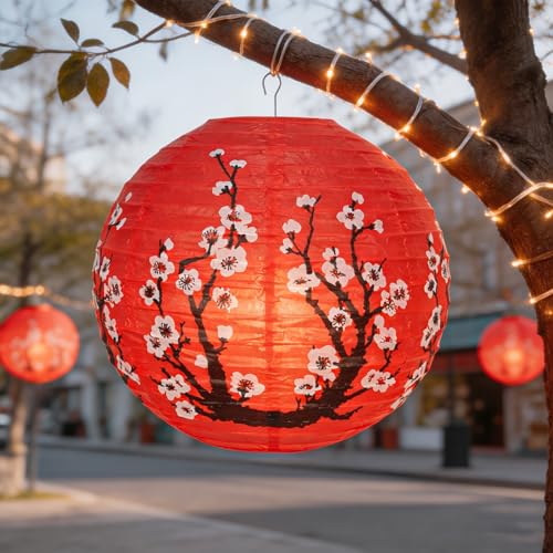 Image of 6 Pcs Red Paper Lanterns Decorative 10x12 Inch, ZUEXT Cherry Blossom Hanging Round Chinese /Japanese Lantern for Festival Theme Birthday Party Wedding Home Yard Japanese Eateries Decor Oriental Style