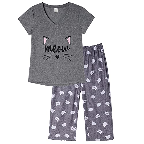 MyFav Pyjamas pour Femmes Hauts de Pyjama à Manches Courtes et Pantalons Capri Ensemble de Vêtements de Nuit à Impression Mignonne,Chat Gris,M