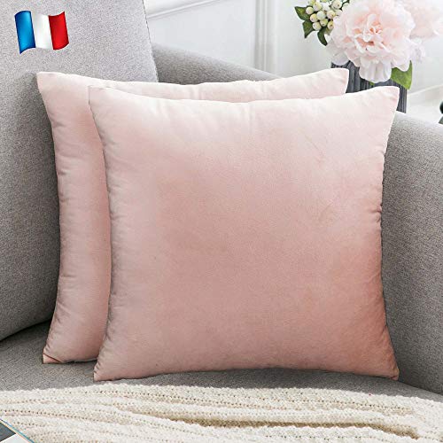 Douceur De Plumes Lot de 2 Housse de Coussin Rose Poudré Pale Velours 45x45 cm Uni, Taie d'oreiller Carré Doux et Moderne pour Salon Scandinave, Pink Canapé (2 Rose Poudré)